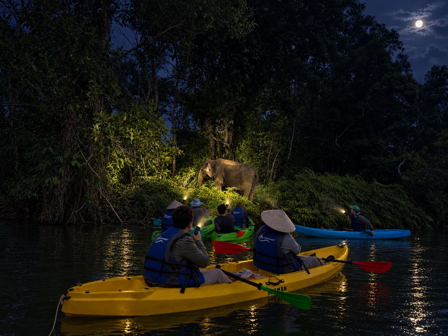 Guests kayaking at night to observe an elephant on the lakeshore by moonlight